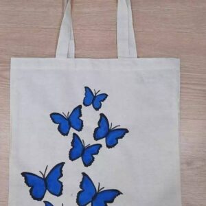Hand-Painted Blue Butterfly Canvas Tote Bag - Aesthetic Reusable Shopper