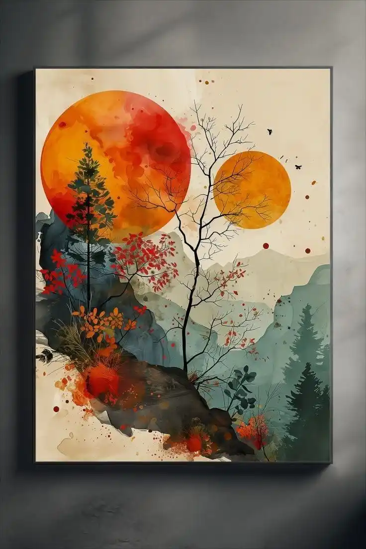 Modern Japanese Abstract Wall Art | Red Sun & Mountain Landscape Watercolor Print | Serene Asian Decor