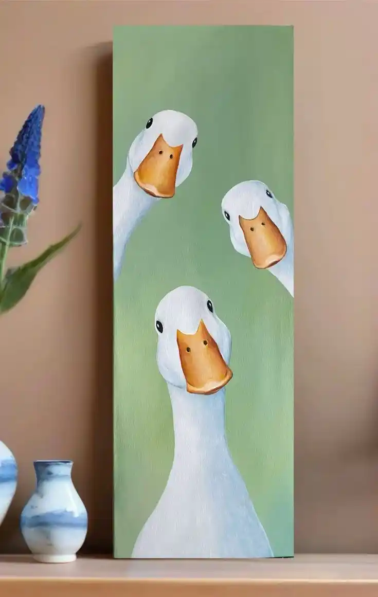 Whimsical Duck Canvas Art | Funny Farmhouse Animal Painting | Hand-Painted Look Vertical Wall Decor