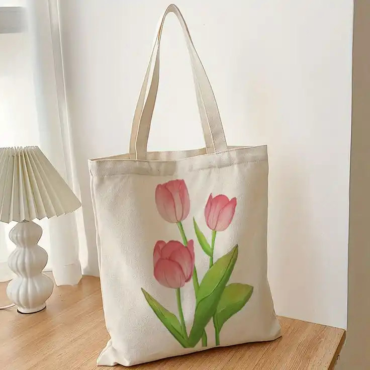 Hand-Painted Pink Tulip Tote Bag - Aesthetic Floral Canvas Shopper - Reusable & Eco-Friendly