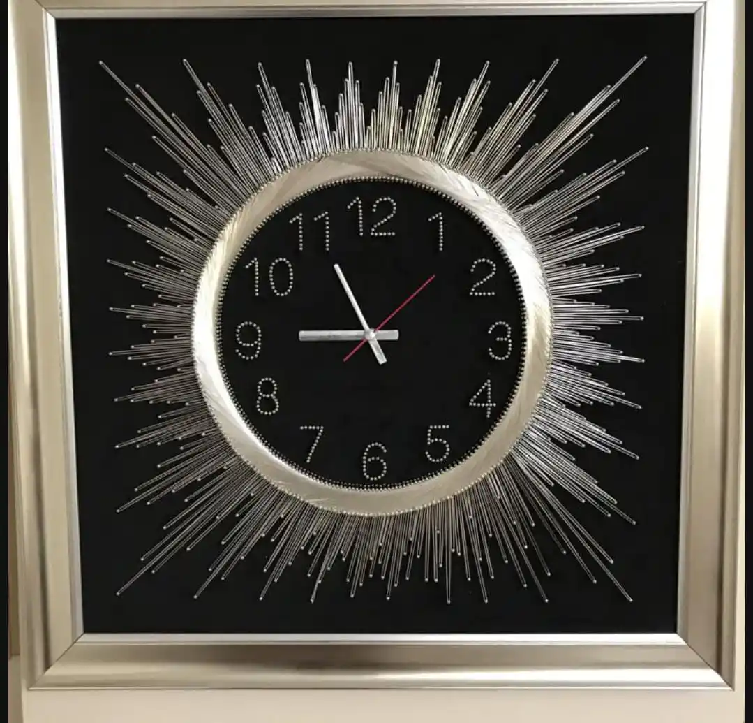 Modern Sunburst String Art Clock - 24x24 Handmade Wall Clock - Silver & Black Unique Decor