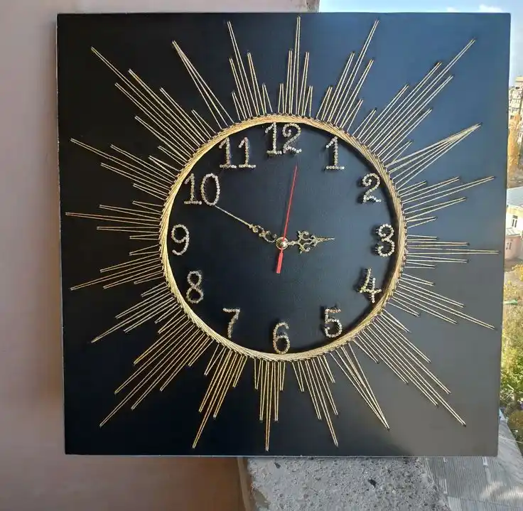 Large Handmade Sunburst Wall Clock, Modern Black and Gold String Art Decor
