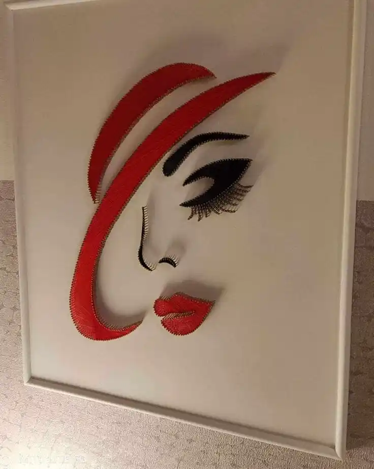 Elegant Woman with Red Hat String Art - 24x24 Handmade Wall Decor - Unique Thread and Nail Portrait