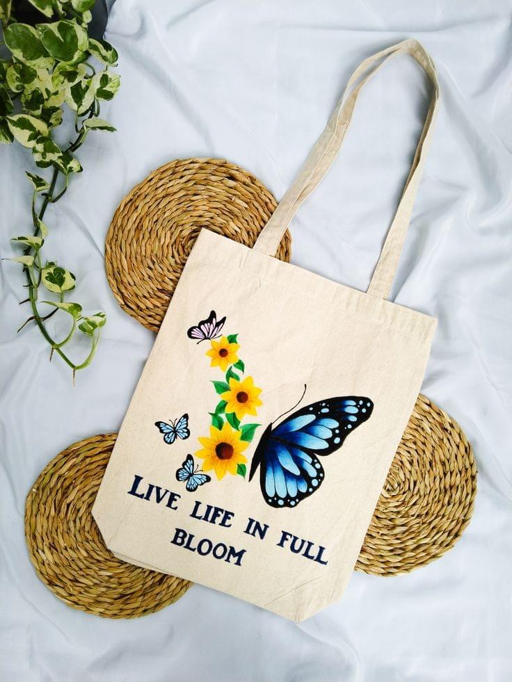 Live Life In Full Bloom Canvas Tote Bag - Butterfly & Sunflower Hand-Painted