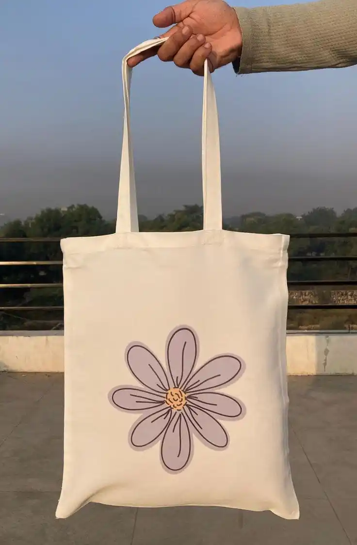 Hand-Painted Purple Flower Canvas Tote Bag - Aesthetic Floral Design