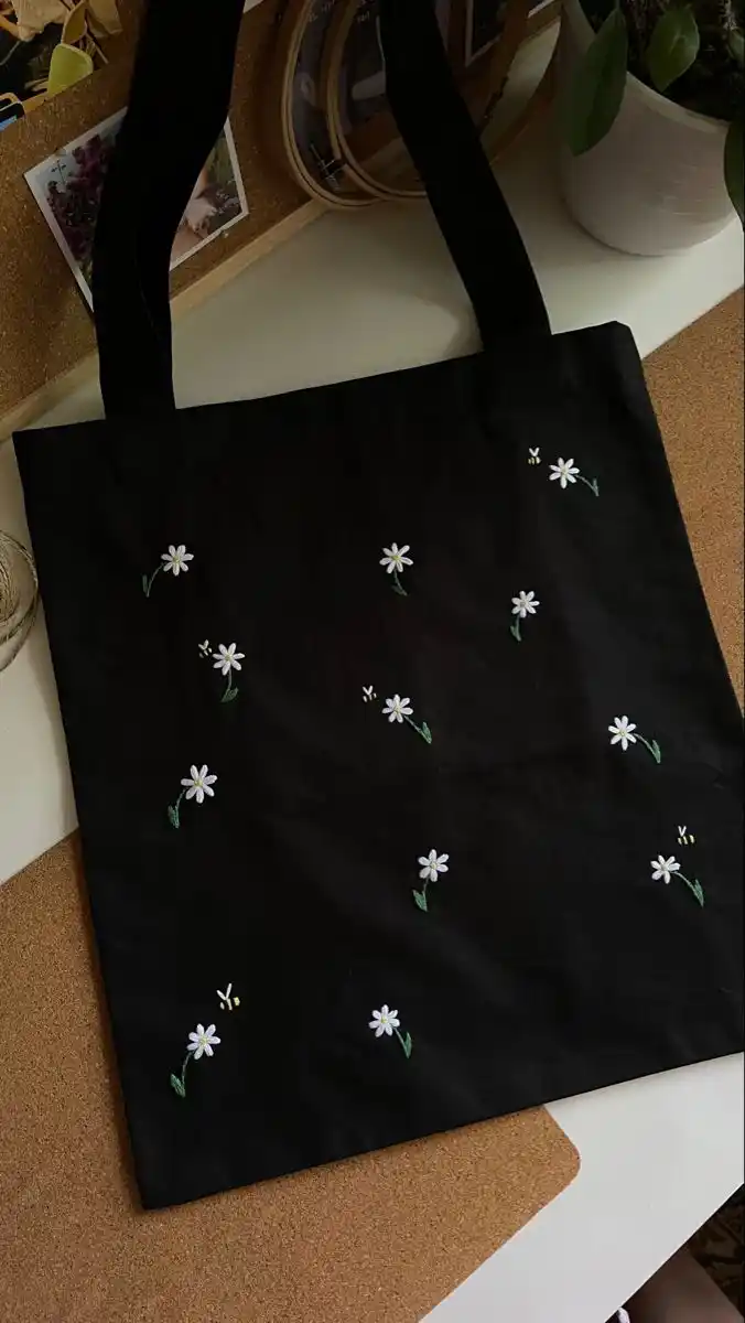 Embroidered Daisy Black Canvas Tote Bag - Cottagecore Aesthetic