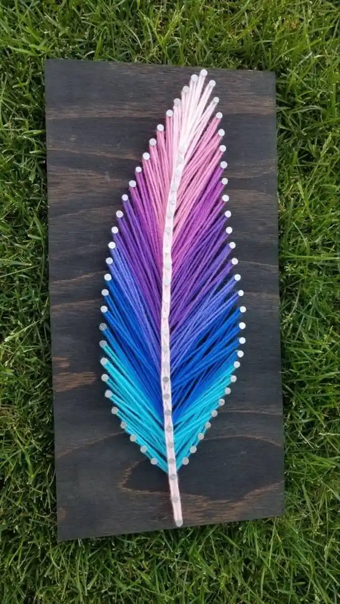 Pink, Purple & Blue String Art Feather - Handcrafted Wall Decor