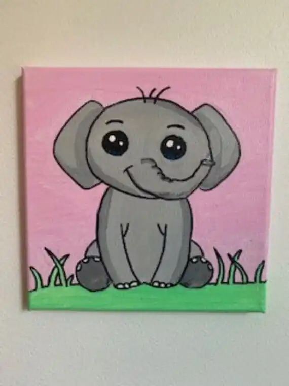 Cute Baby Elephant Canvas Art - Hand-Painted Nursery Decor