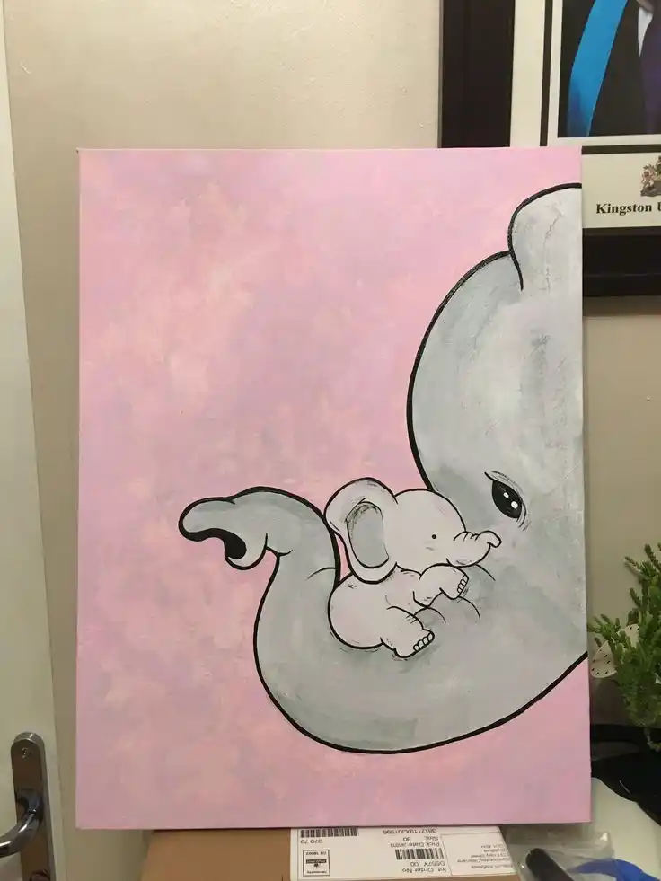 Hand-Painted Elephant & Baby Canvas Art - Nursery Wall Decor