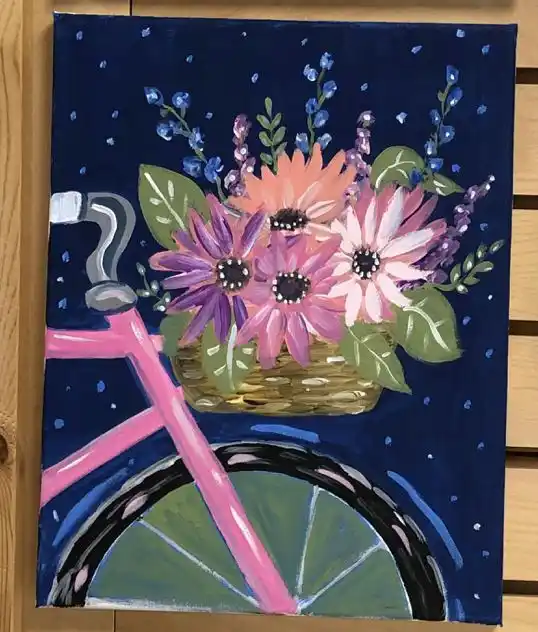 Pink Bicycle with Flowers Canvas Art | Hand-Painted Floral Wall Decor | Boho Chic Art