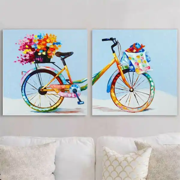 Abstract Bicycle Diptych Canvas | Two-Piece Wall Art Set | Modern Floral Decor