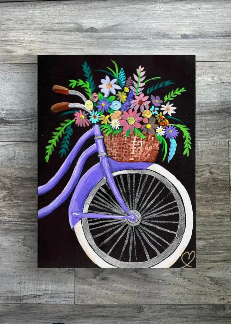 Purple Bicycle with Flowers Art | Hand-Painted Canvas | Whimsical Wall Decor