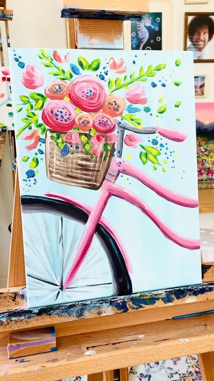 Pink Bicycle with Flowers Canvas Art | Hand-Painted Floral Decor | Shabby Chic Art