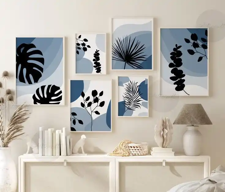 Abstract Blue and Black Botanical Prints | Gallery Wall Set | Modern Leaf Art