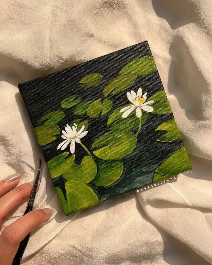 Lily Pad Painting | Hand-Painted Canvas Art | Water Garden Decor