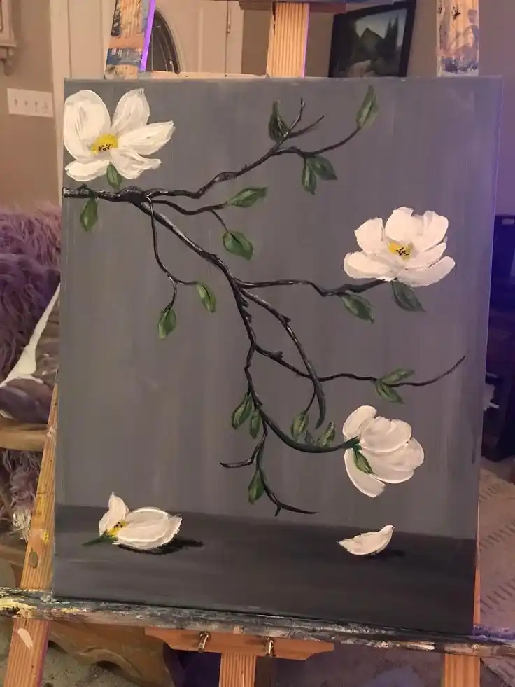White Magnolia Flower Painting | Hand-Painted Canvas Art | Botanical Wall Decor