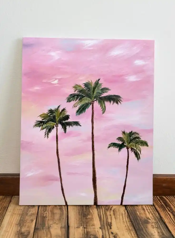 Abstract Palm Tree Painting | Pink and Blue Sunset Art | Coastal Decor
