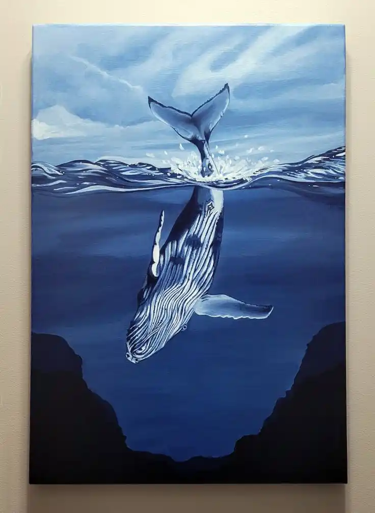 "Original Humpback Whale Painting on Canvas - Deep Sea Ocean Art - Blue Monochrome Nautical Decor"