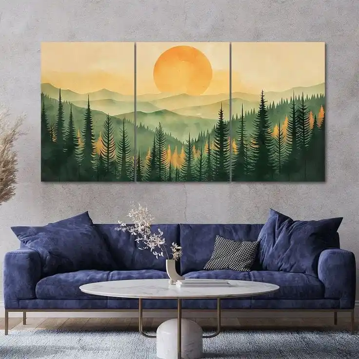 "Three-Panel Forest Landscape Canvas Wall Art - Modern Mountain Sunset Decor - Pine Trees Nature Scenery"