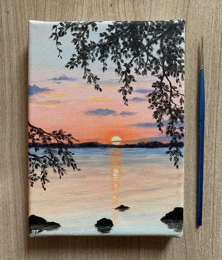 "Miniature Sunset Lake Painting on Canvas - Small Original Landscape Art - Golden Hour Nature Scene"