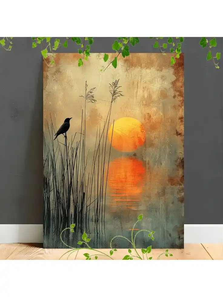 "Abstract Sunset Marsh Painting with Bird - Rustic Textured Wall Art - Modern Nature Scene on Canvas"