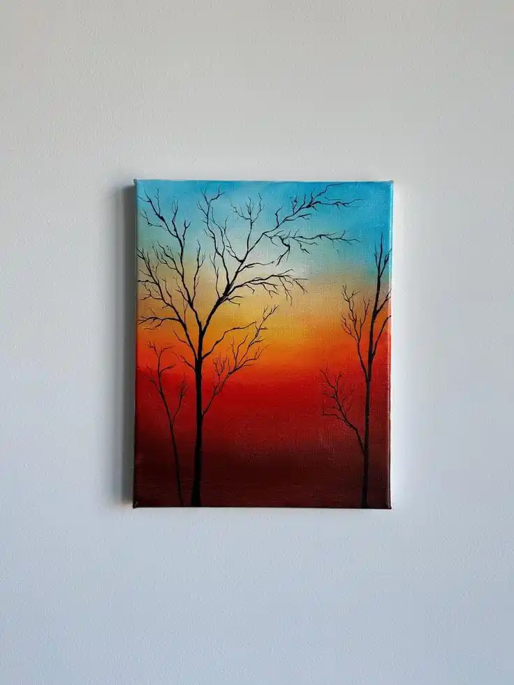 "Abstract Sunset Tree Silhouette Painting - Vibrant Gradient Wall Art on Canvas - Modern Nature Decor"