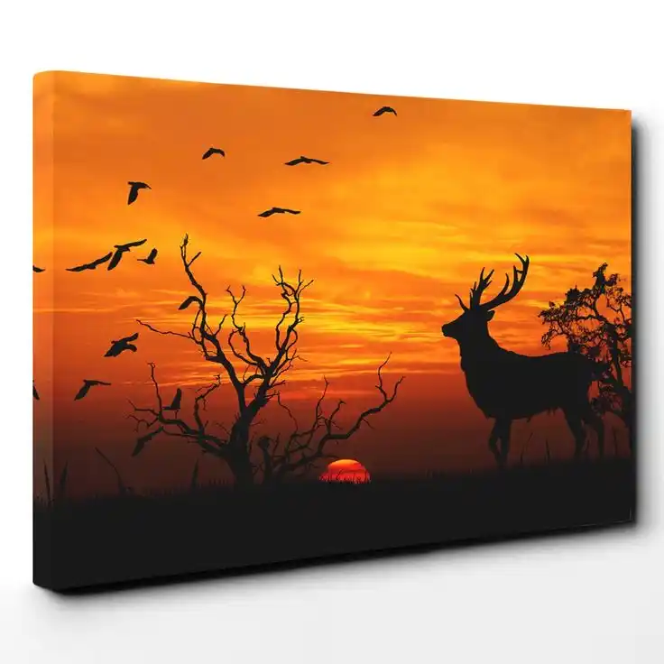"Deer Silhouette at Sunset Canvas Wall Art - Wildlife Nature Landscape Painting - Red & Orange Sky Decor"