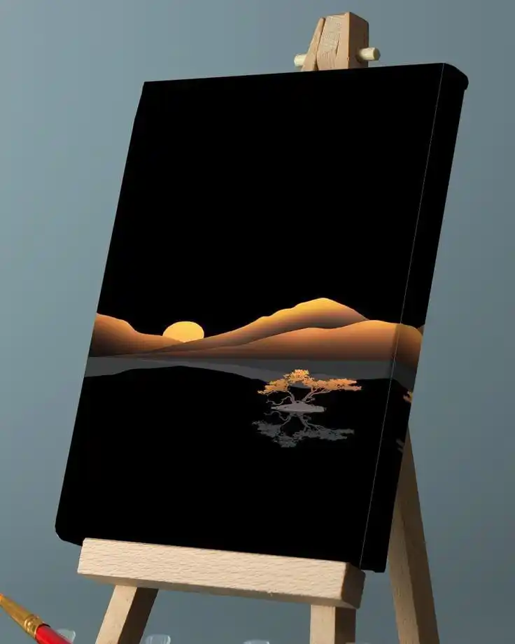 "Minimalist Sunset Painting with Tree Silhouette - Modern Landscape Canvas Art - Abstract Night Sky Decor"