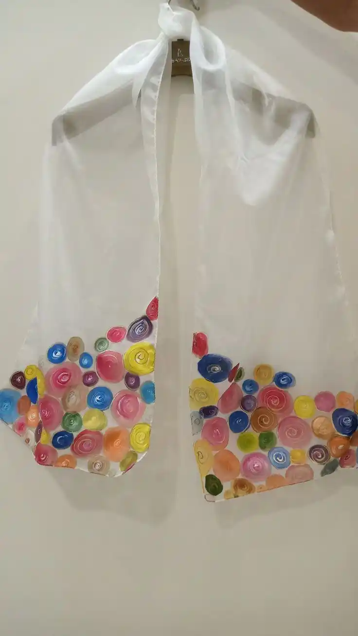 "Hand-Painted Abstract Swirl Scarf - White Silk Chiffon Shawl - Multi-Color Artistic Accessory"