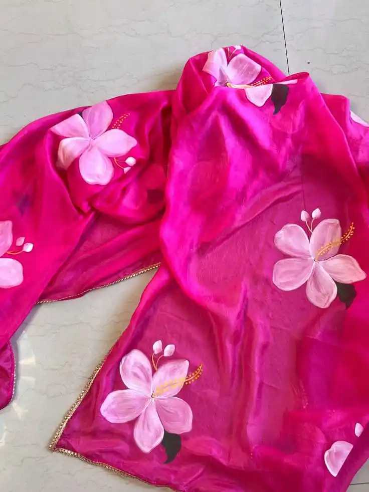 "Hand-Painted Fuchsia Floral Scarf with Golden Border - Sheer Silk Hibiscus Shawl - Artistic Wearable Art"