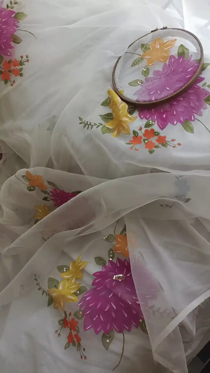 "Hand-Painted Floral Scarf with Sequins - White Organza Dupatta with Multi-Colored Flowers - Festive Shawl"